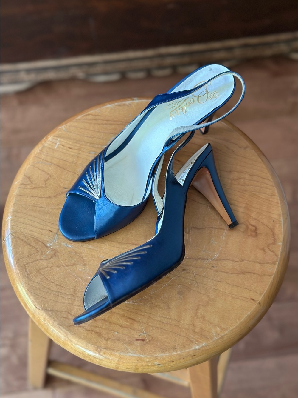 Vintage Cobalt Blue Leather Slingback Heels Open Toe Pumps